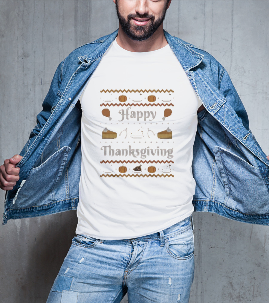 Happy Thanksgiving Pumpkin Pie Turkey Cross-Stitch T-Shirt
