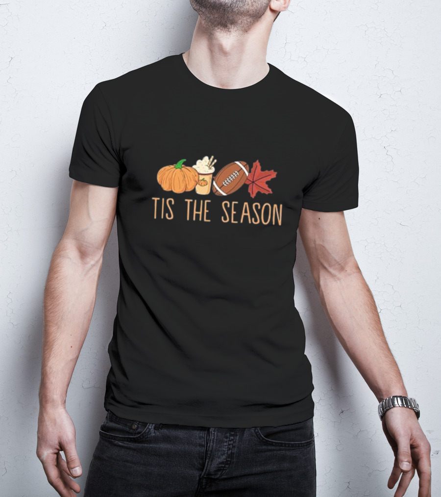 Tis The Season Pumpkin Latte Football And Fall Leaf T-Shirt