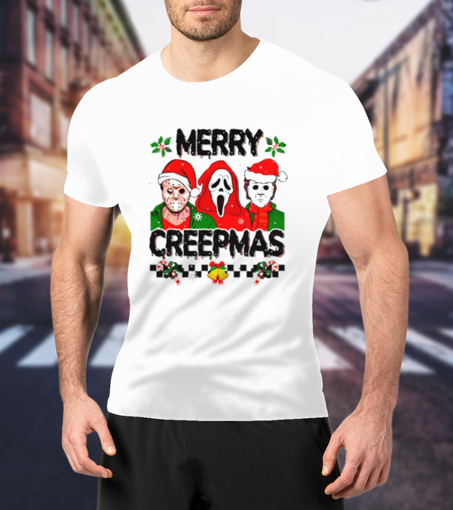 Merry Creepmas Horror Characters With Festive Scary Holiday T-Shirt