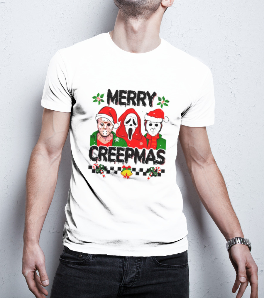 Merry Creepmas Horror Characters With Festive Scary Holiday T-Shirt
