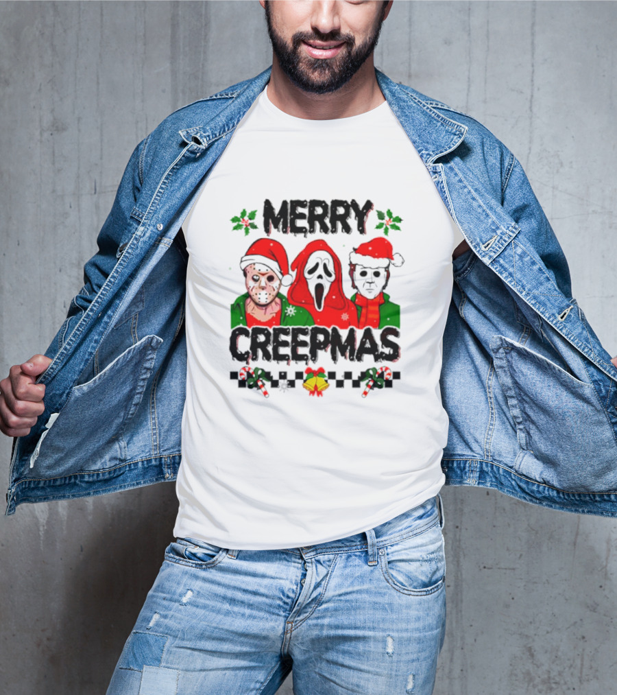 Merry Creepmas Horror Characters With Festive Scary Holiday T-Shirt