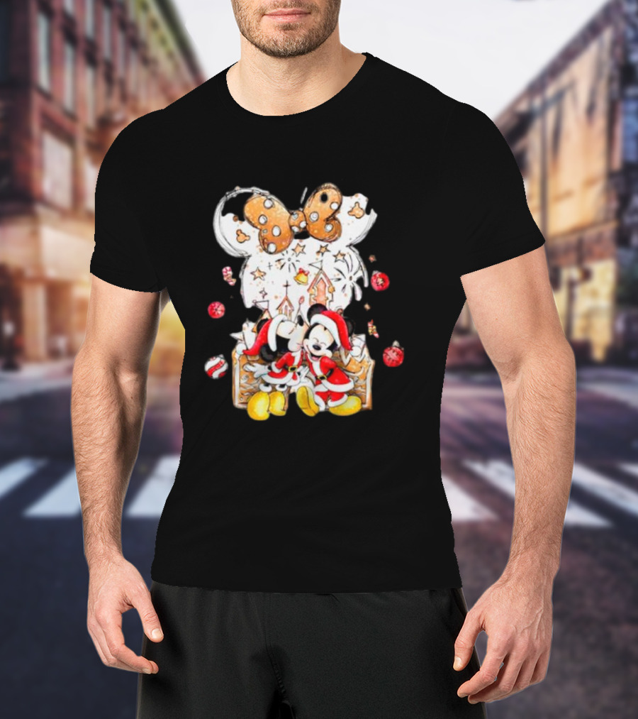 Mickey And Minnie Christmas Castle Gingerbread Mouse Ears Holiday Scene T-Shirt