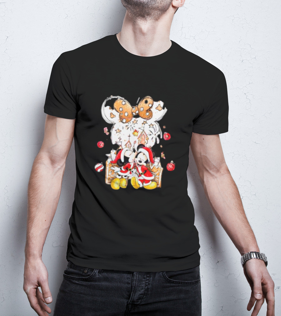 Mickey And Minnie Christmas Castle Gingerbread Mouse Ears Holiday Scene T-Shirt