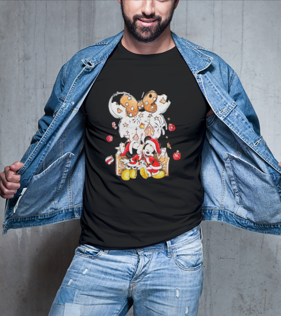 Mickey And Minnie Christmas Castle Gingerbread Mouse Ears Holiday Scene T-Shirt