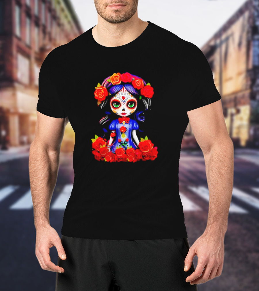 Women LA Catrina Day Of The Dead Floral Rose Adorned T-Shirt