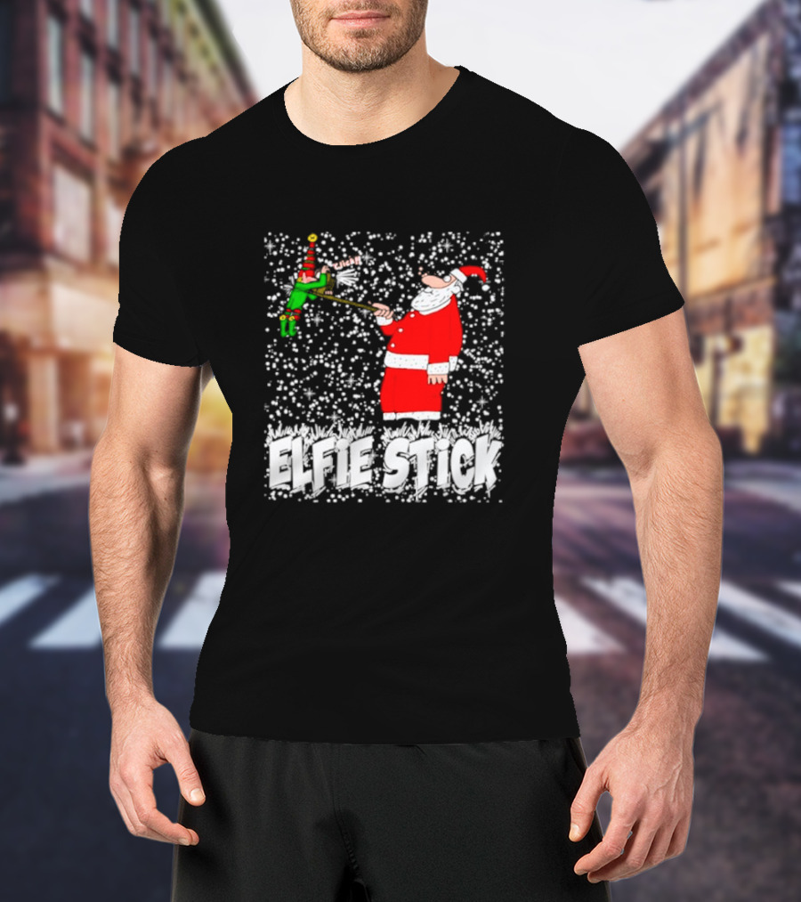 Santa Claus Elfie Stick Funny Christmas Selfie Snowflakes T-Shirt