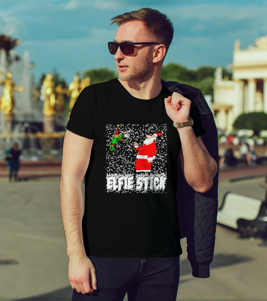 Santa Claus Elfie Stick Funny Christmas Selfie Snowflakes T-Shirt
