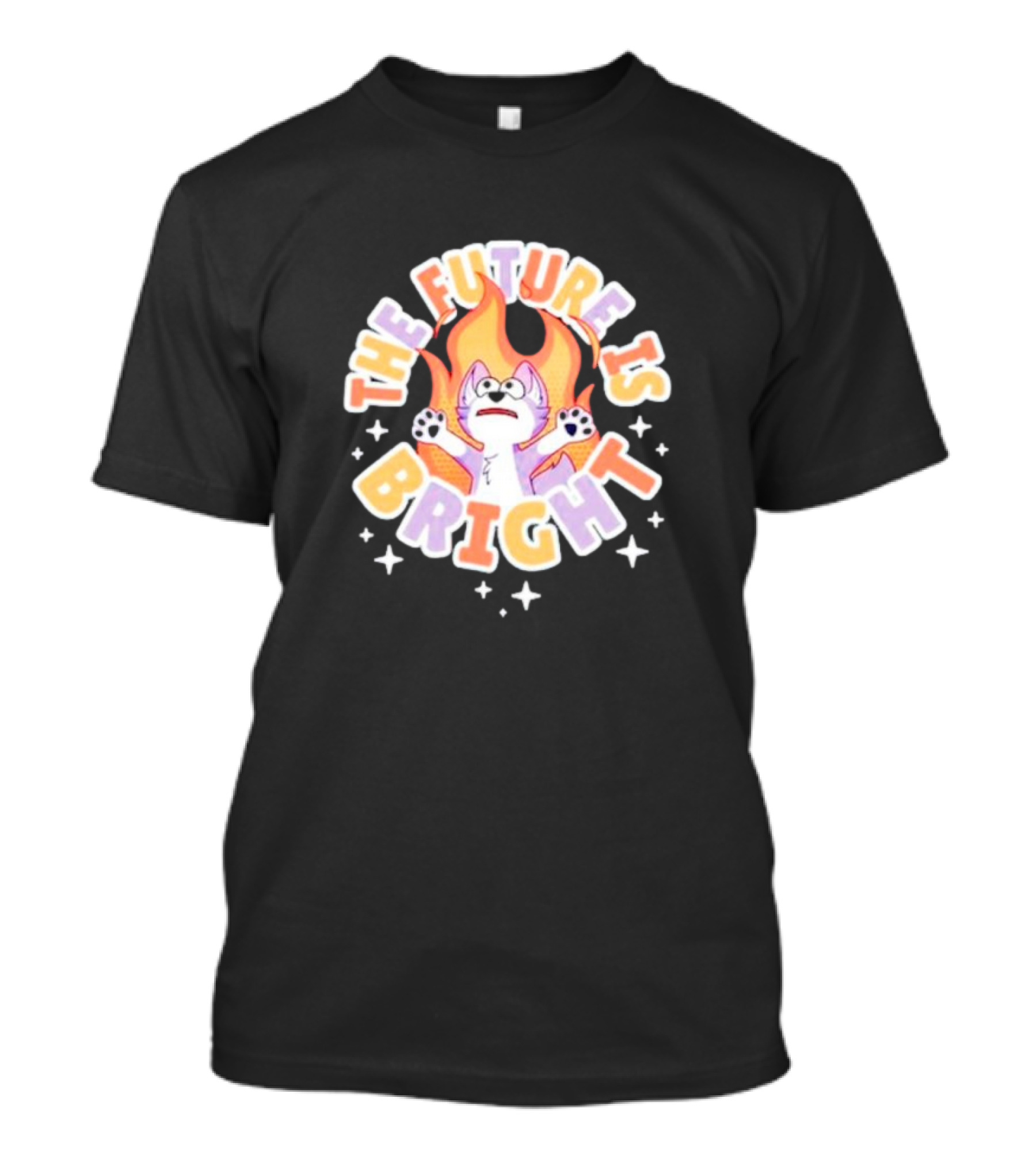 The Future Is Bright Flaming Cartoon Cat With Stars And Flames T-Shirt