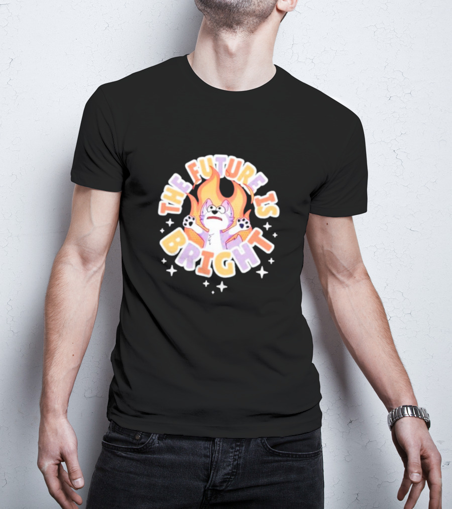 The Future Is Bright Flaming Cartoon Cat With Stars And Flames T-Shirt
