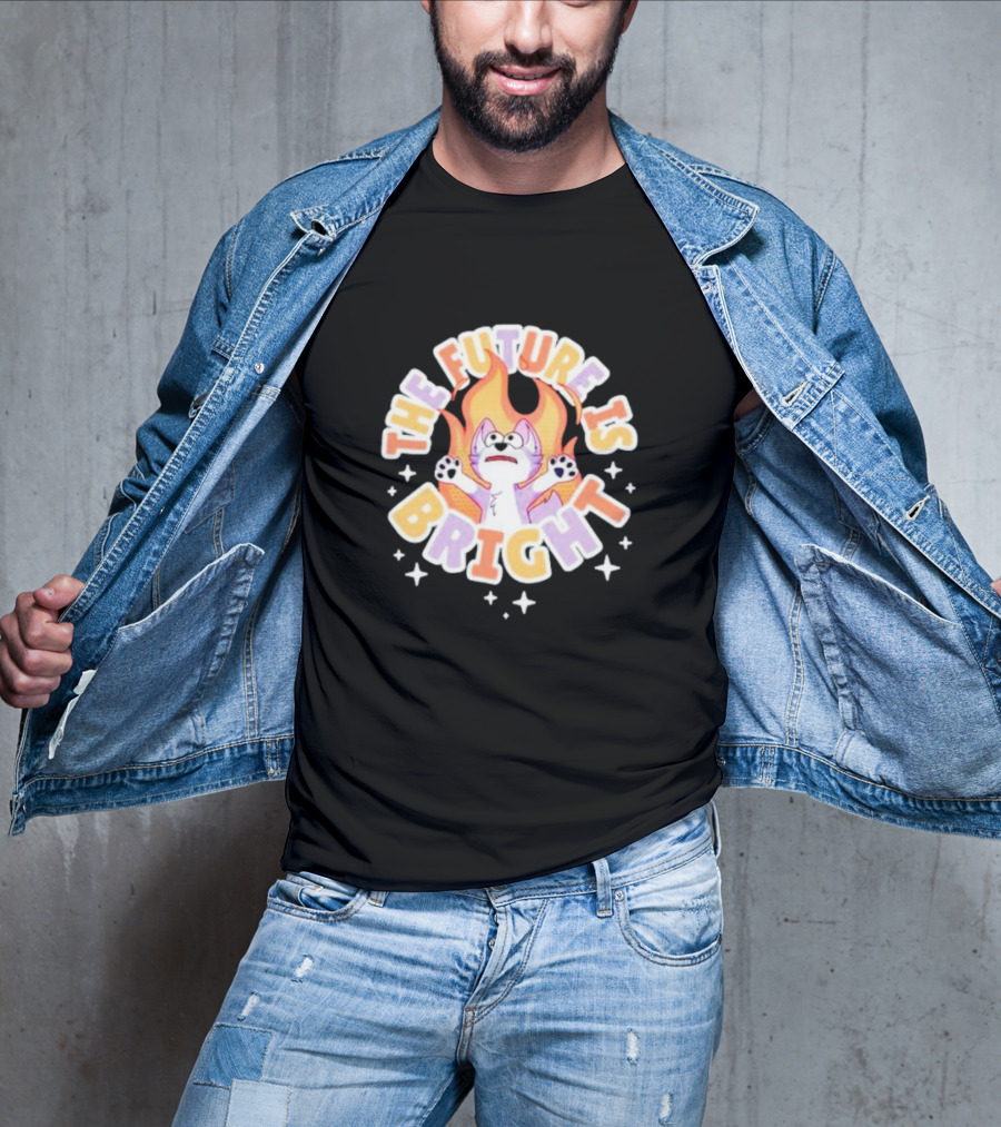 The Future Is Bright Flaming Cartoon Cat With Stars And Flames T-Shirt