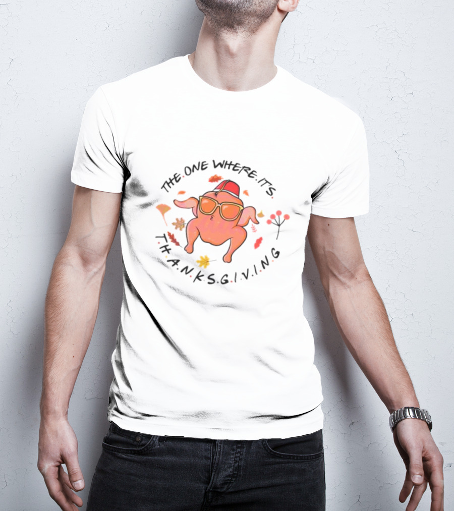 Thanksgiving Friends Turkey In Sunglasses With Fez Hat And Autumn Leaves T-Shirt