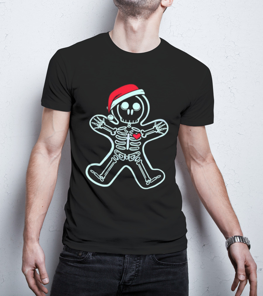 Christmas Xray Gingerbread Man Skeleton With Santa Hat And Heart T-Shirt