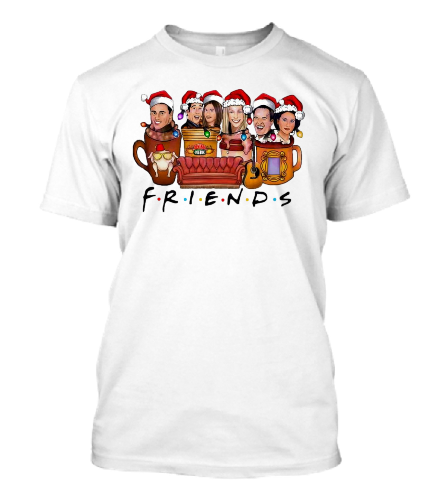 Friends TV Show Christmas Central Perk Couch And Santa Hats T-Shirt