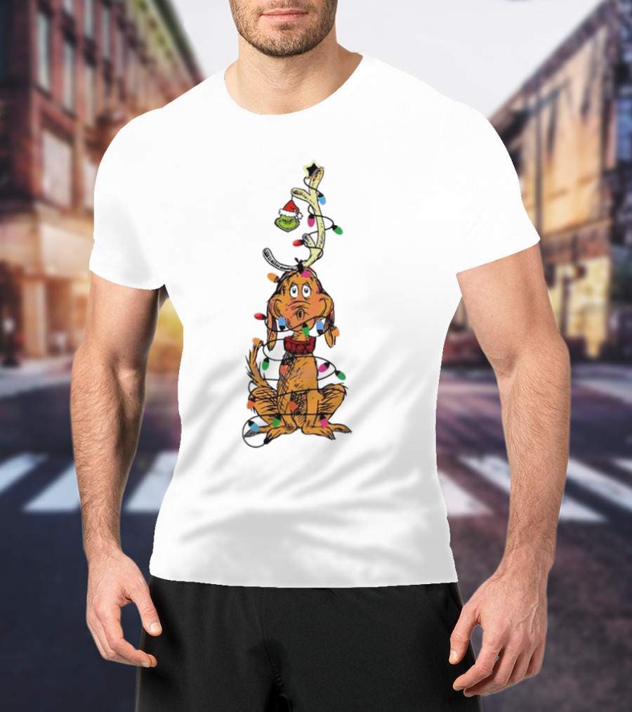 Funny Grinch Christmas Lights With Dog Wrapped In Colorful String Of Lights T-Shirt
