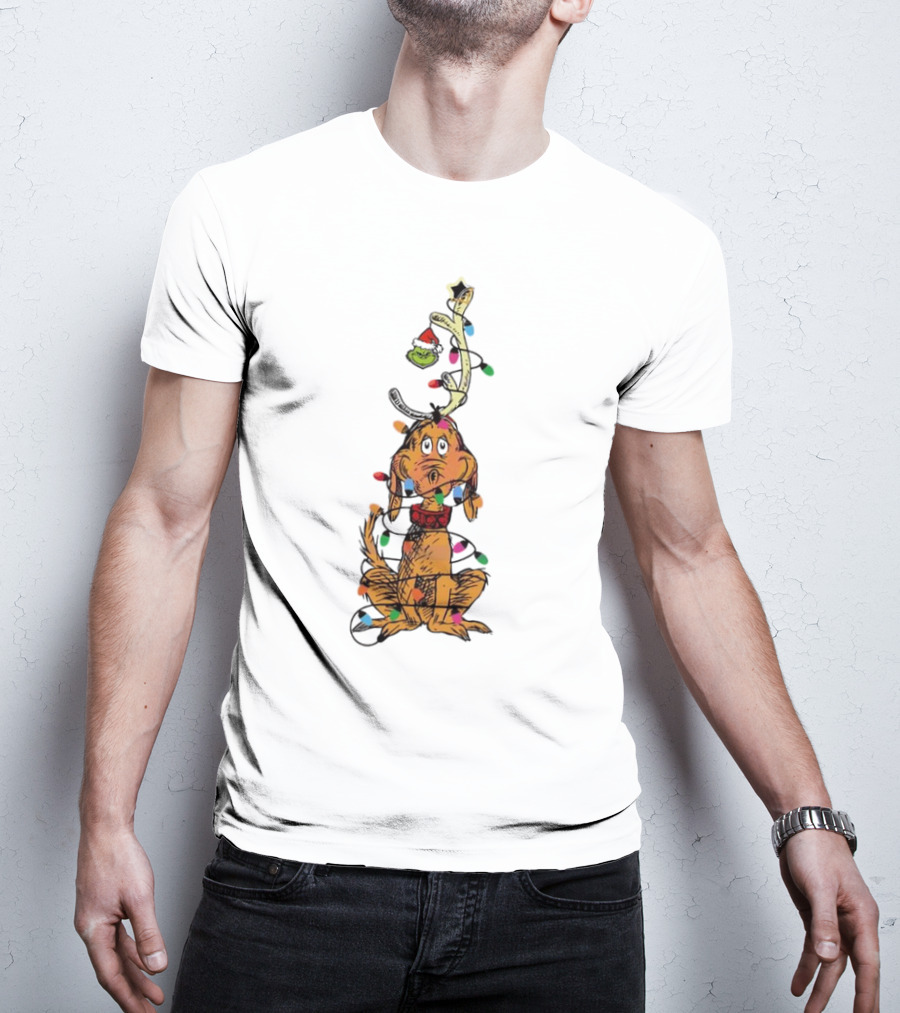 Funny Grinch Christmas Lights With Dog Wrapped In Colorful String Of Lights T-Shirt