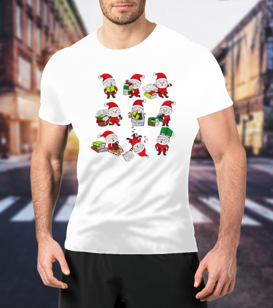 Funny Santa Claus Reading Books And Carrying Stacks In Various Poses T-Shirt