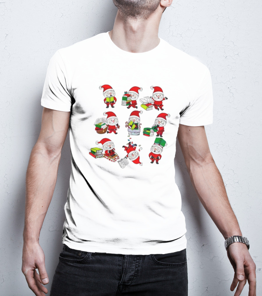 Funny Santa Claus Reading Books And Carrying Stacks In Various Poses T-Shirt