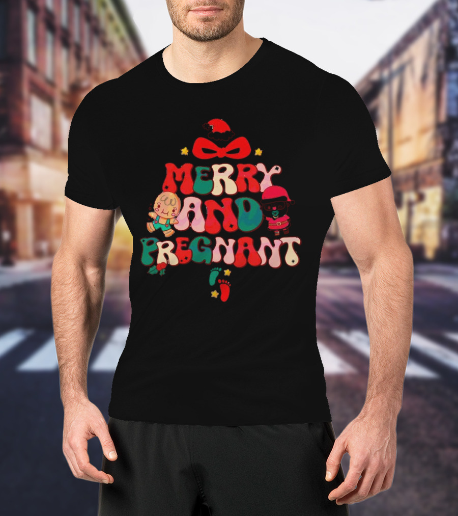 Merry And Pregnant Christmas Tree Baby Reveal With Santa Hat And Gingerbread People T-Shirt
