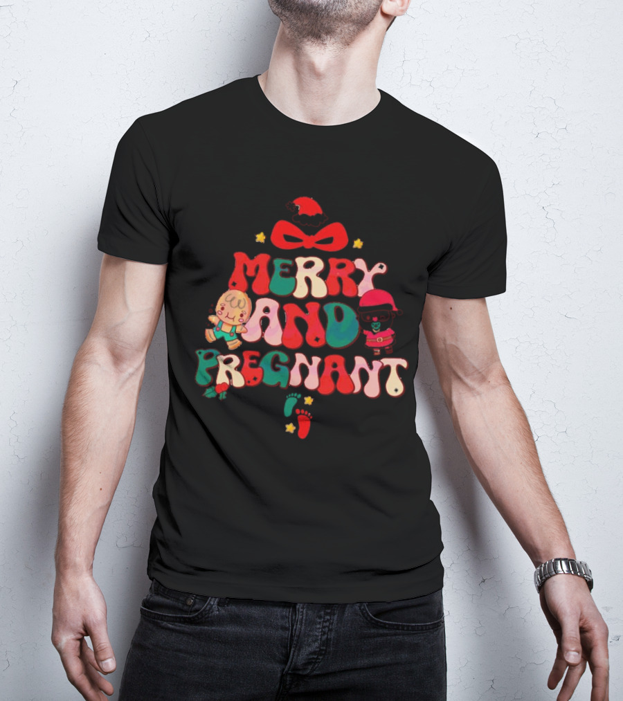 Merry And Pregnant Christmas Tree Baby Reveal With Santa Hat And Gingerbread People T-Shirt