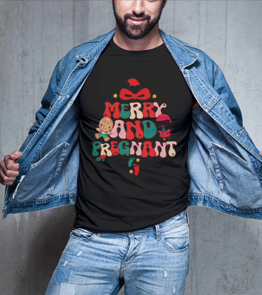 Merry And Pregnant Christmas Tree Baby Reveal With Santa Hat And Gingerbread People T-Shirt