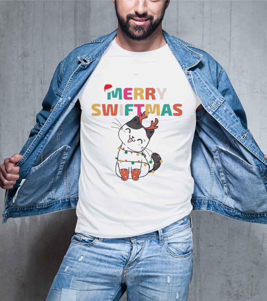Merry Swiftmas Christmas Cat With Reindeer Antlers And Festive Lights T-Shirt