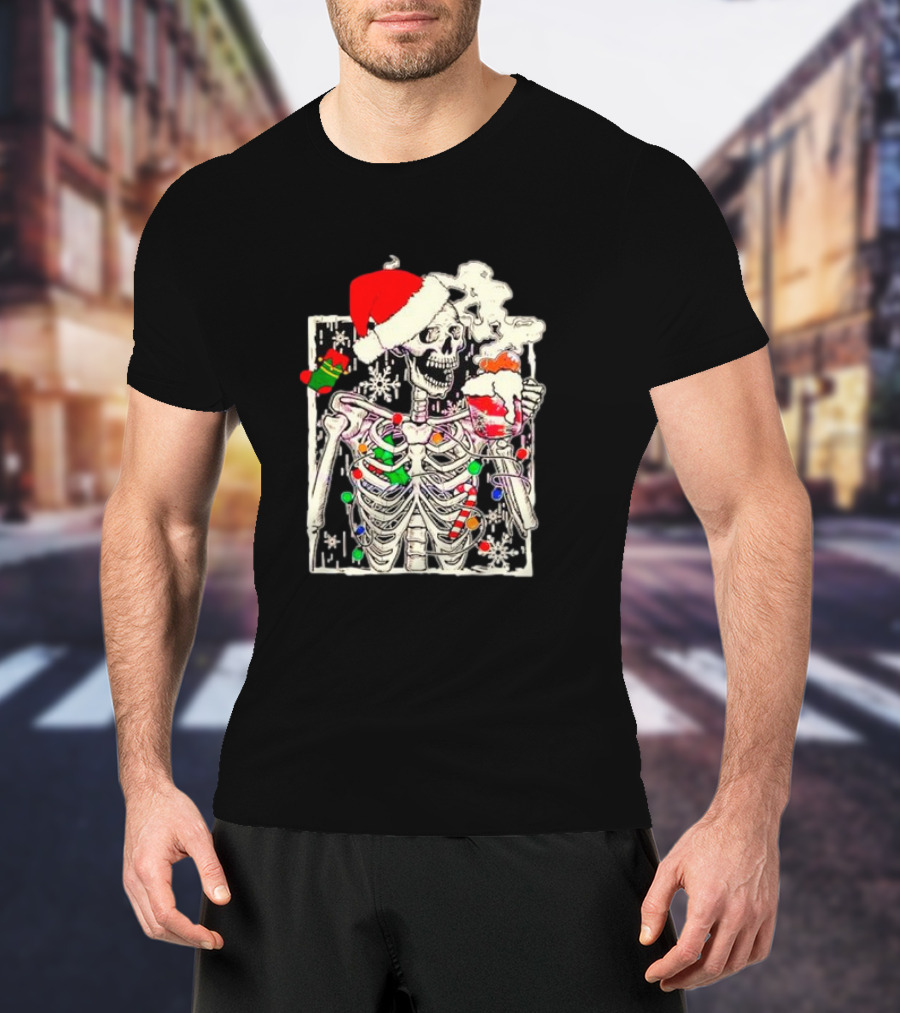 Skeleton Santa Hat Snowflake Christmas Coffee Candy Cane Holiday Scene T-Shirt