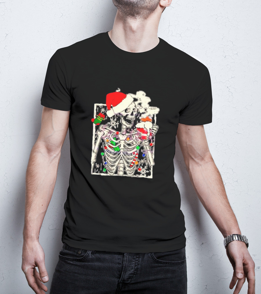Skeleton Santa Hat Snowflake Christmas Coffee Candy Cane Holiday Scene T-Shirt