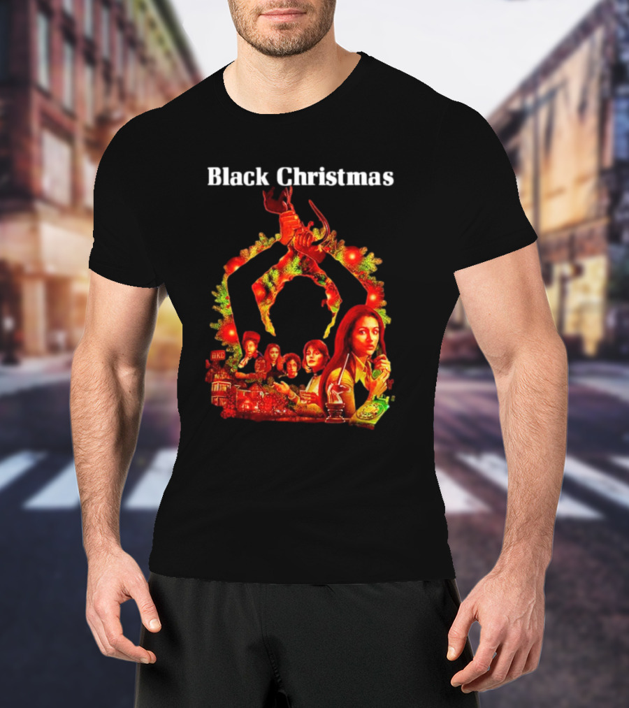 Black Christmas Silent Night Horror Movie Characters Axe Wreath Scene T-Shirt