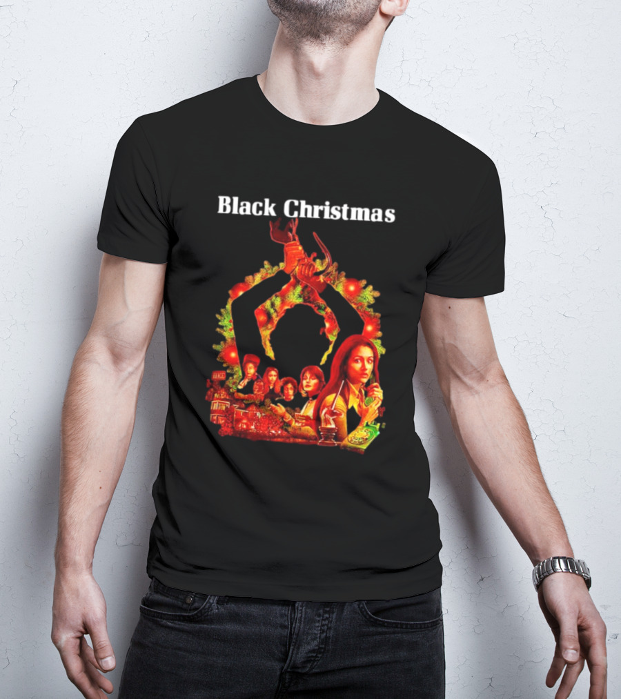 Black Christmas Silent Night Horror Movie Characters Axe Wreath Scene T-Shirt