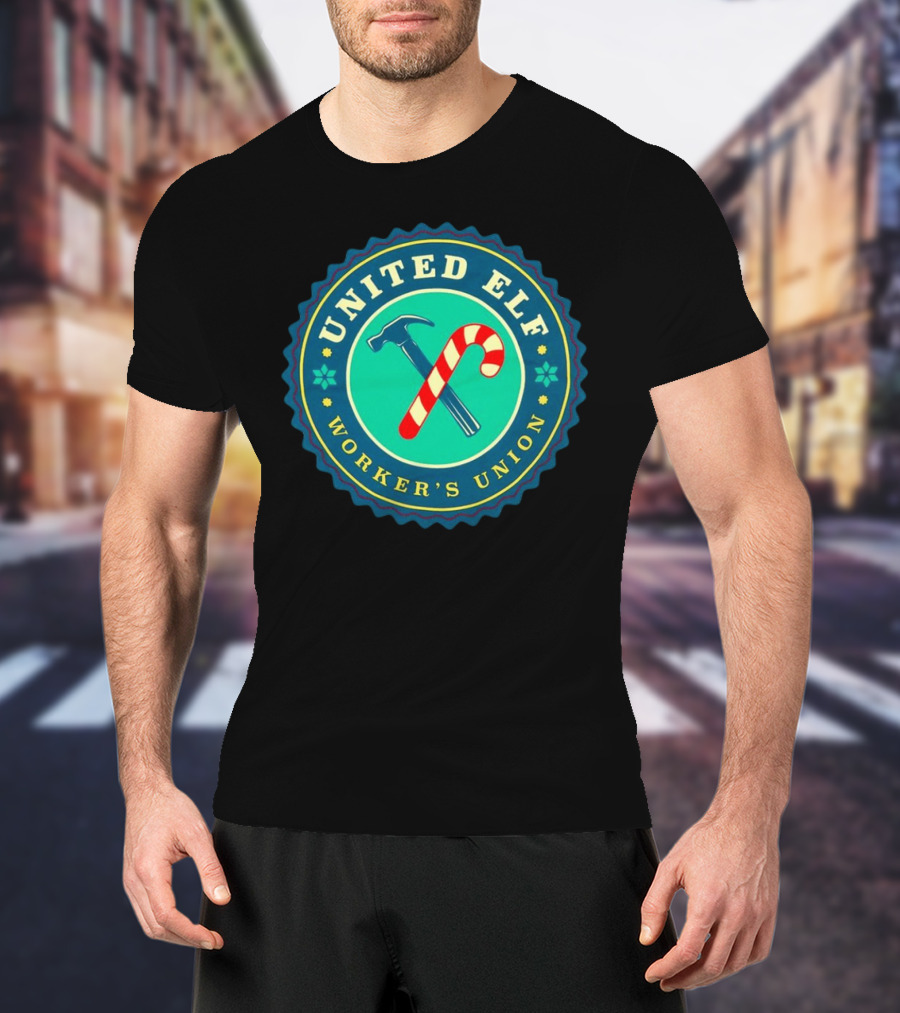 United Elf Worker's Union Candy Cane And Hammer Emblem T-Shirt