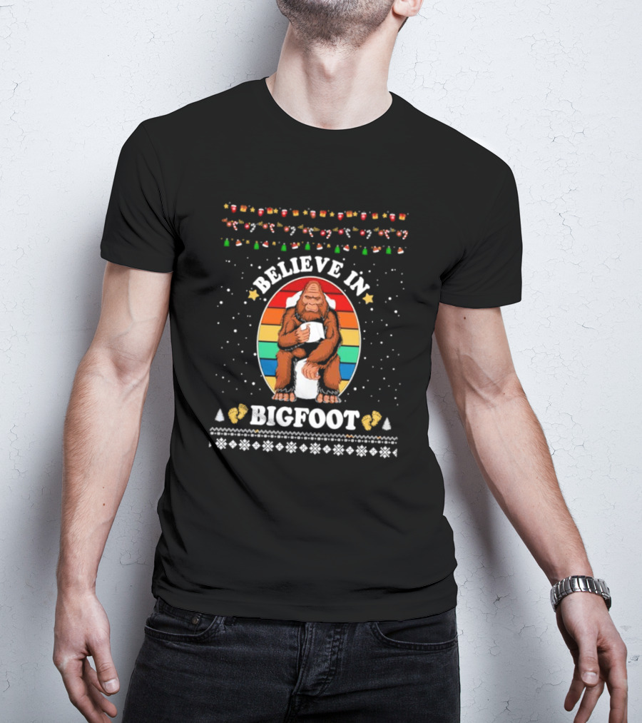 Believe In Bigfoot With Toilet Humor And Christmas Icons T-Shirt