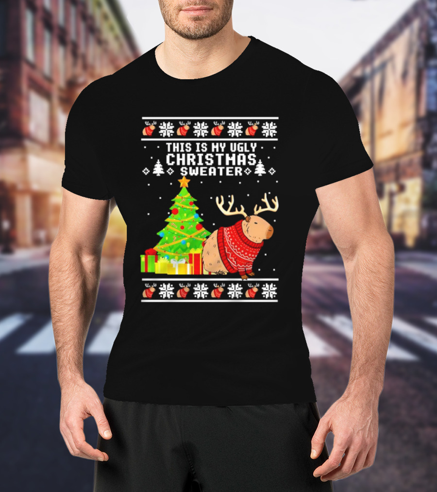 This Is My Ugly Christmas Sweater Capybara Reindeer T-Shirt