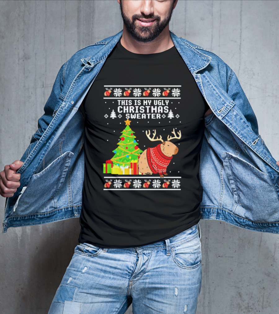 This Is My Ugly Christmas Sweater Capybara Reindeer T-Shirt