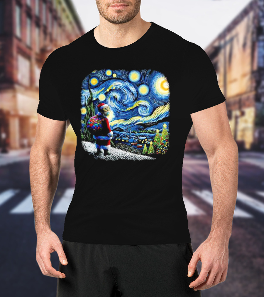 Cat Santa Paws Van Gogh Starry Night Christmas Holiday Scene T-Shirt