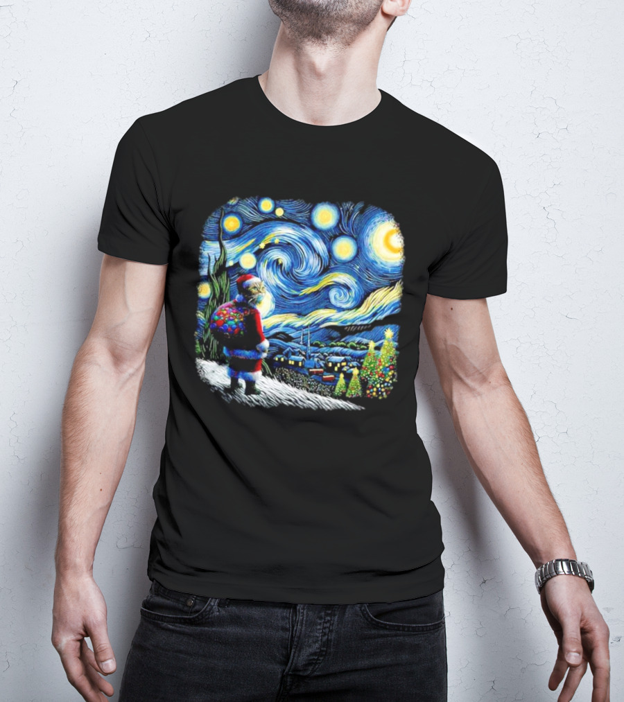 Cat Santa Paws Van Gogh Starry Night Christmas Holiday Scene T-Shirt
