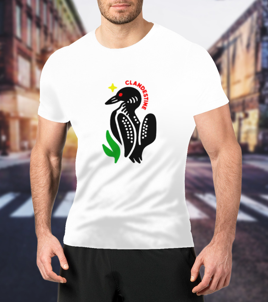 Clandestine Loon Bird With Star And Green Leaf Elements T-Shirt
