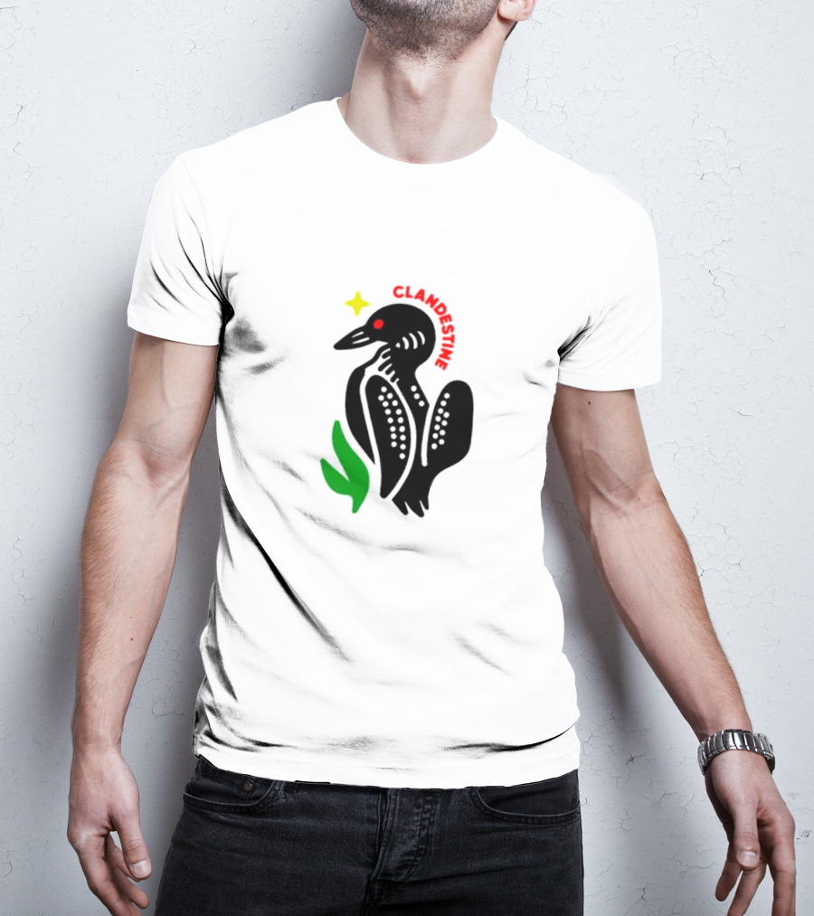 Clandestine Loon Bird With Star And Green Leaf Elements T-Shirt