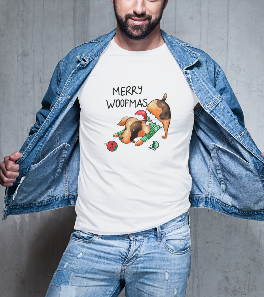 Merry Woofmas Dog In Santa Hat And Sweater With Christmas T-Shirt