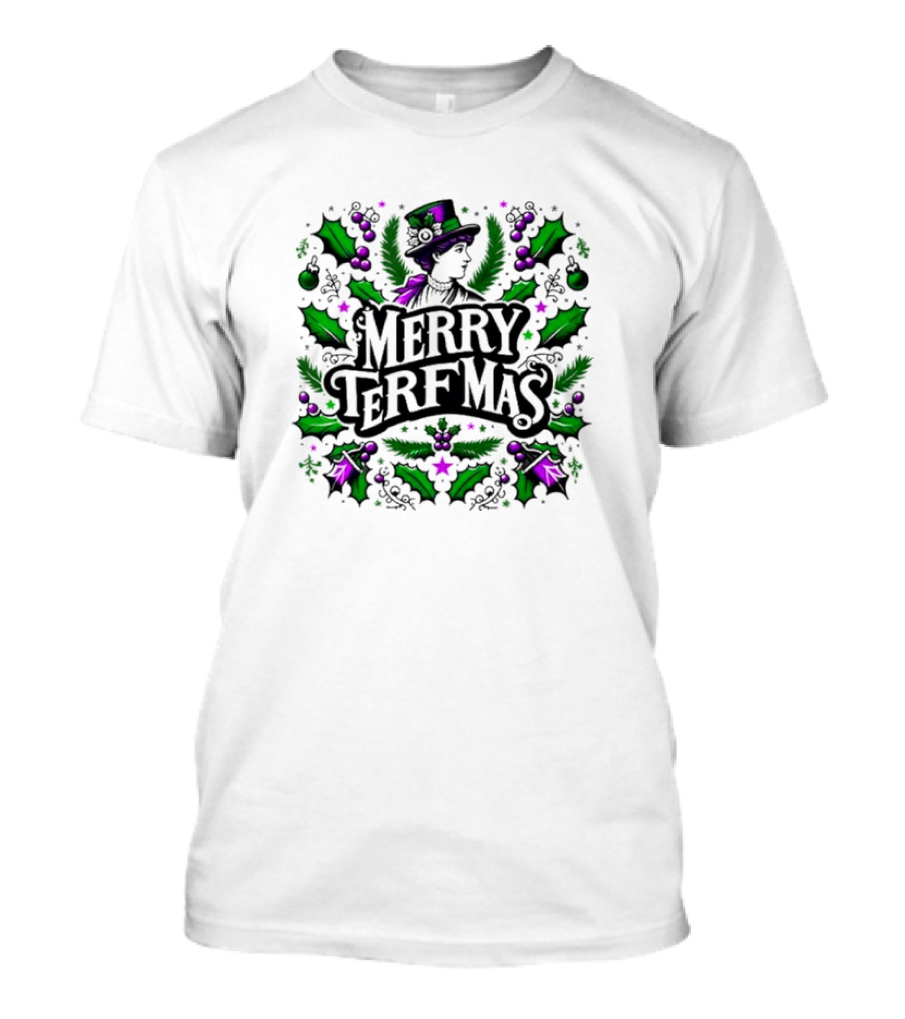 Merry Terfmas Victorian Style Holiday Design With Green And Purple Holly T-Shirt