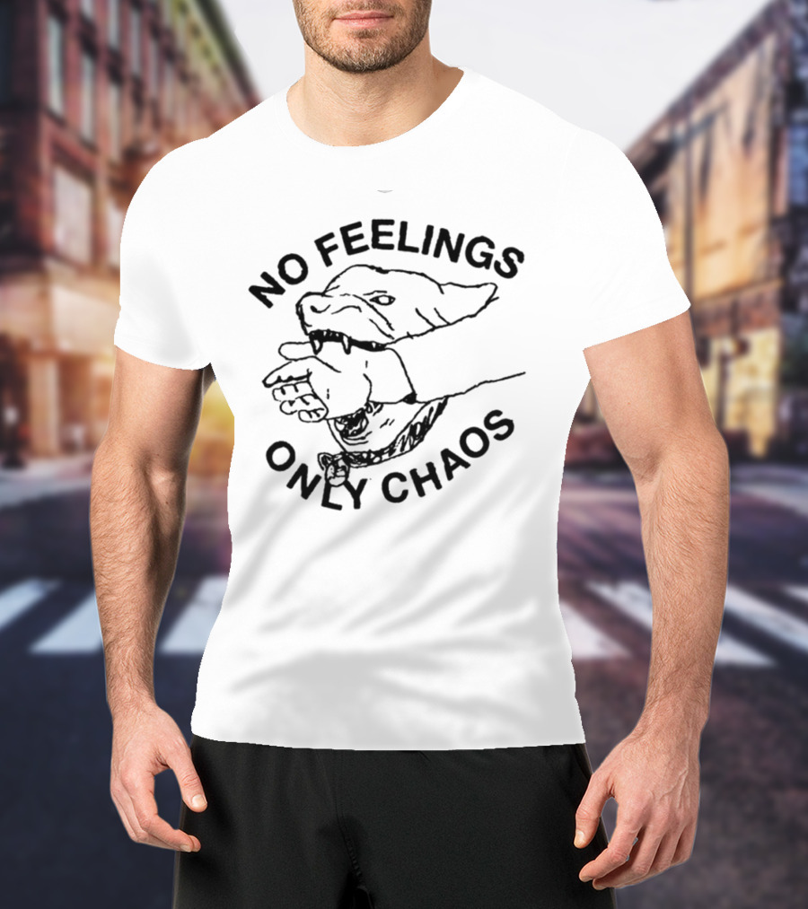 No Feelings Only Chaos Hand-Biting Shark Drawing T-Shirt