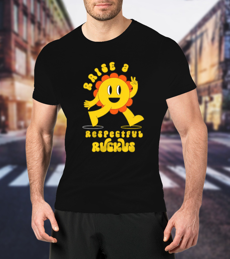 RAISE A RESPECTFUL RUCKUS CHARACTER WALKING WITH PEACE SIGN YELLOW AND ORANGE T-Shirt