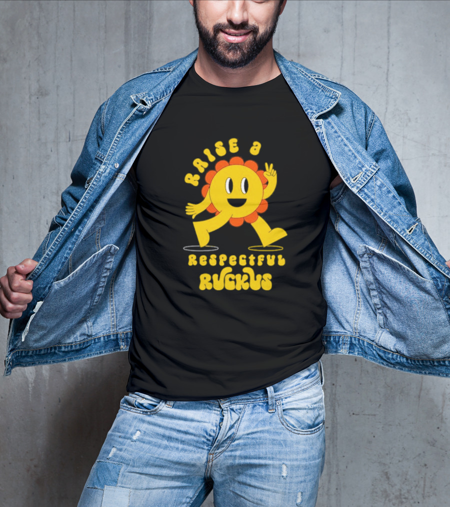 RAISE A RESPECTFUL RUCKUS CHARACTER WALKING WITH PEACE SIGN YELLOW AND ORANGE T-Shirt