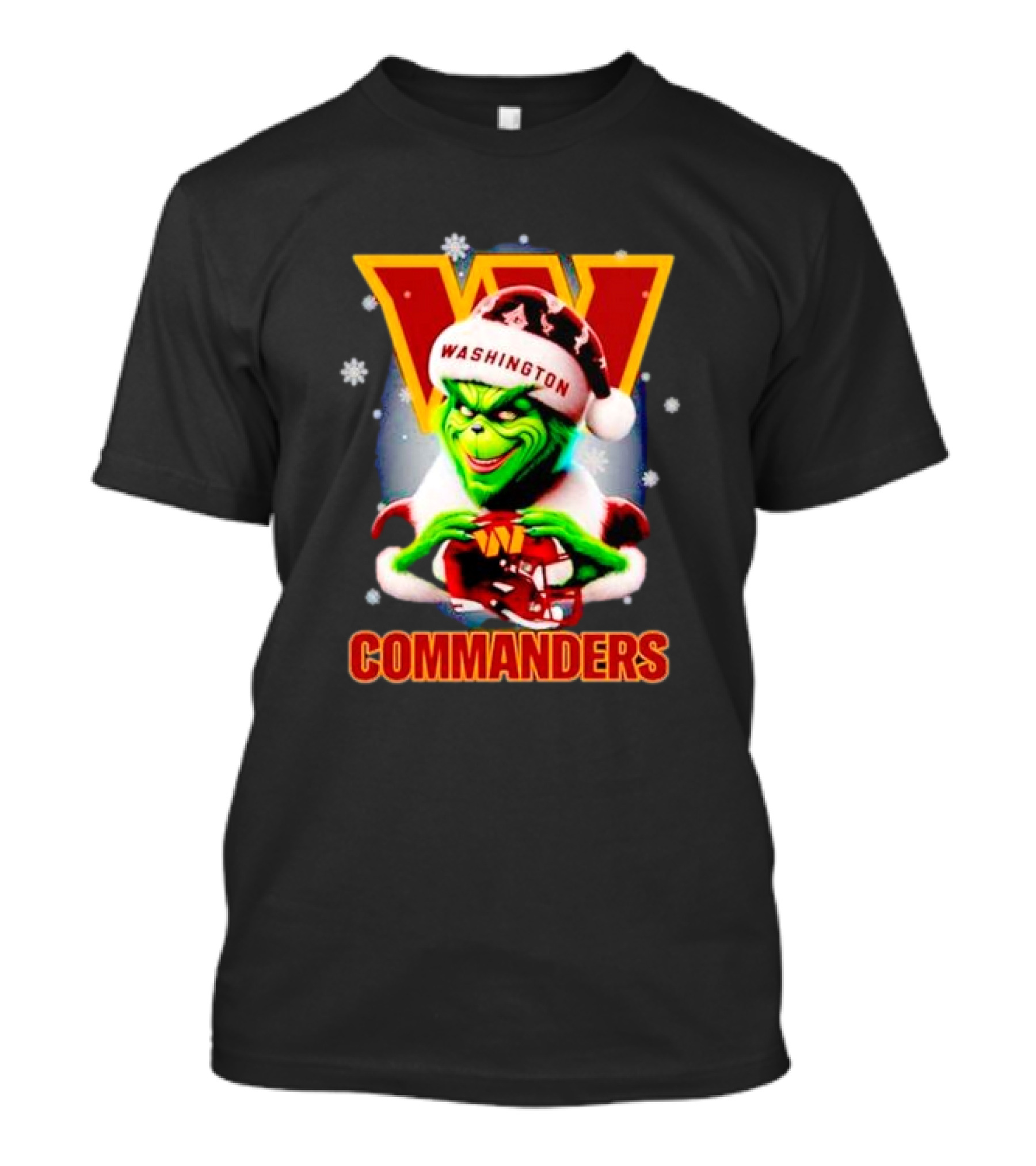 The Grinch Wearing Santa Hat Holding Gift For Washington Commanders Christmas T-Shirt