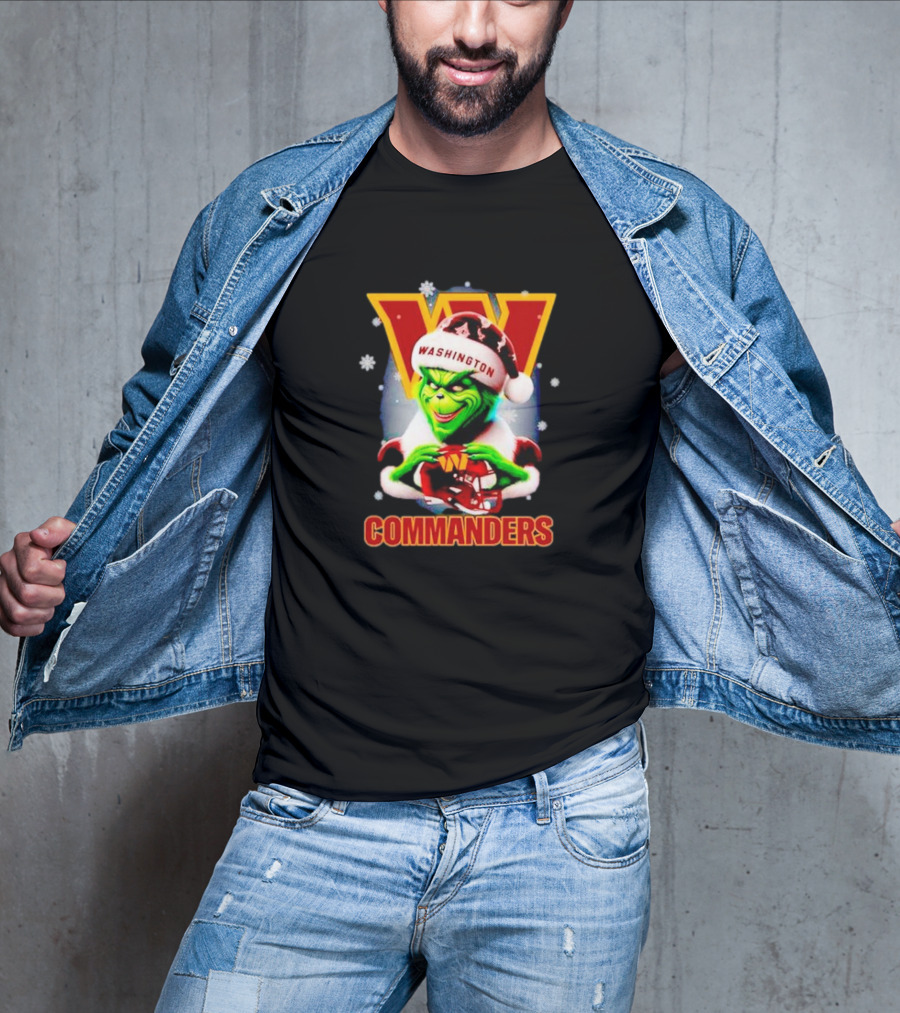 The Grinch Wearing Santa Hat Holding Gift For Washington Commanders Christmas T-Shirt
