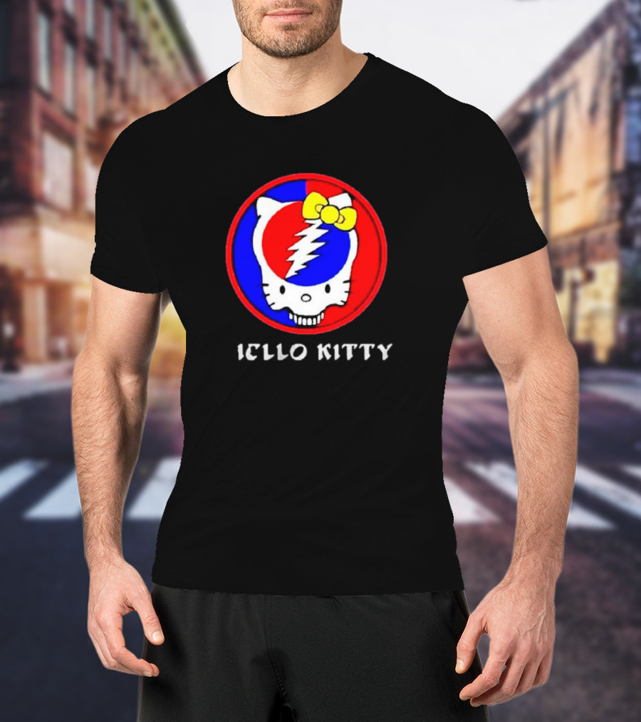 Hello Kitty Grateful Dead Skull Icon With Lightning Bolt And Yellow Bow T-Shirt