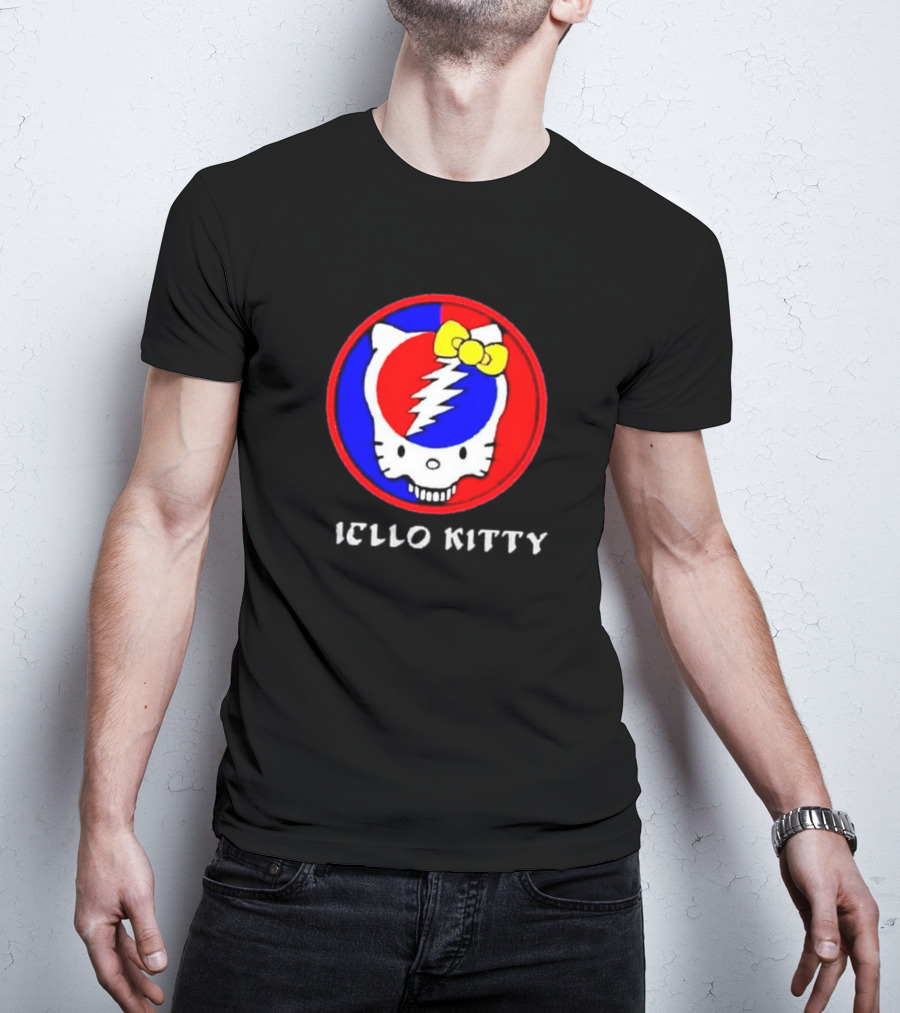 Hello Kitty Grateful Dead Skull Icon With Lightning Bolt And Yellow Bow T-Shirt