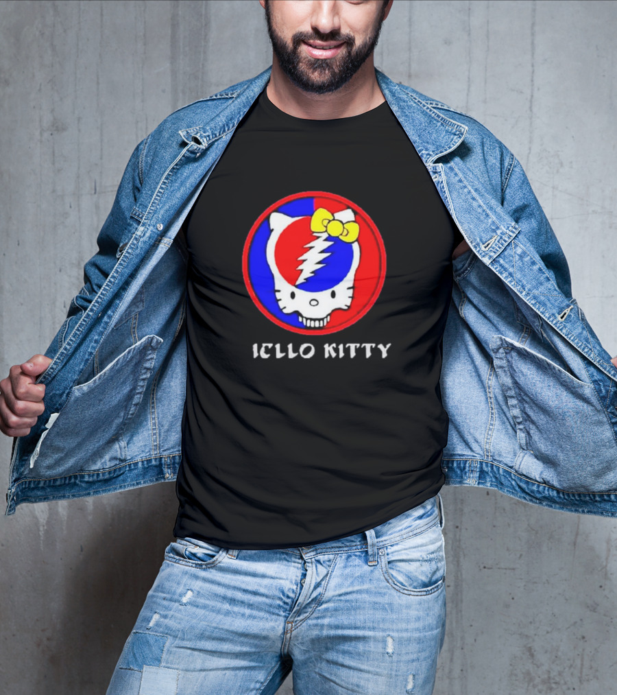 Hello Kitty Grateful Dead Skull Icon With Lightning Bolt And Yellow Bow T-Shirt