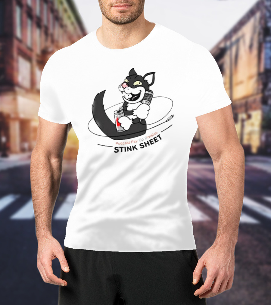 Podcast Psy Op Division Stink Sheet Mischievous Cartoon Cat With Microphone And Spray Can T-Shirt