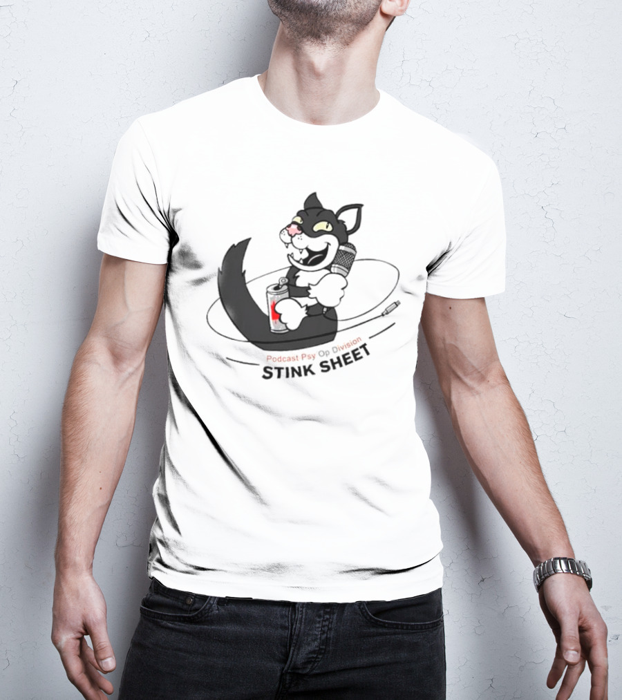 Podcast Psy Op Division Stink Sheet Mischievous Cartoon Cat With Microphone And Spray Can T-Shirt