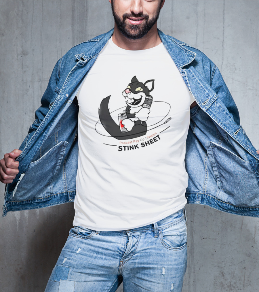 Podcast Psy Op Division Stink Sheet Mischievous Cartoon Cat With Microphone And Spray Can T-Shirt